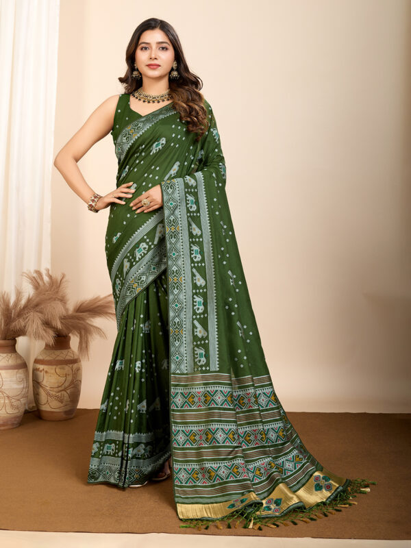 Patola Art Silk Saree in Dark Olive Green