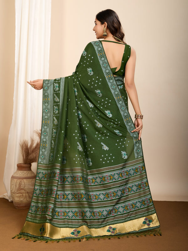 Patola Art Silk Saree in Dark Olive Green - Image 2