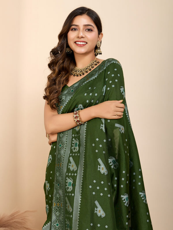 Patola Art Silk Saree in Dark Olive Green - Image 3