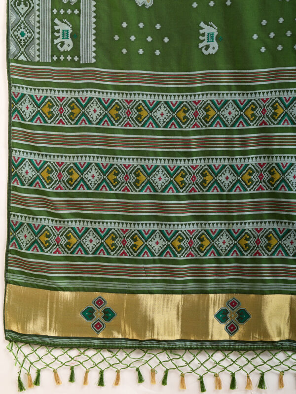 Patola Art Silk Saree in Dark Olive Green - Image 4