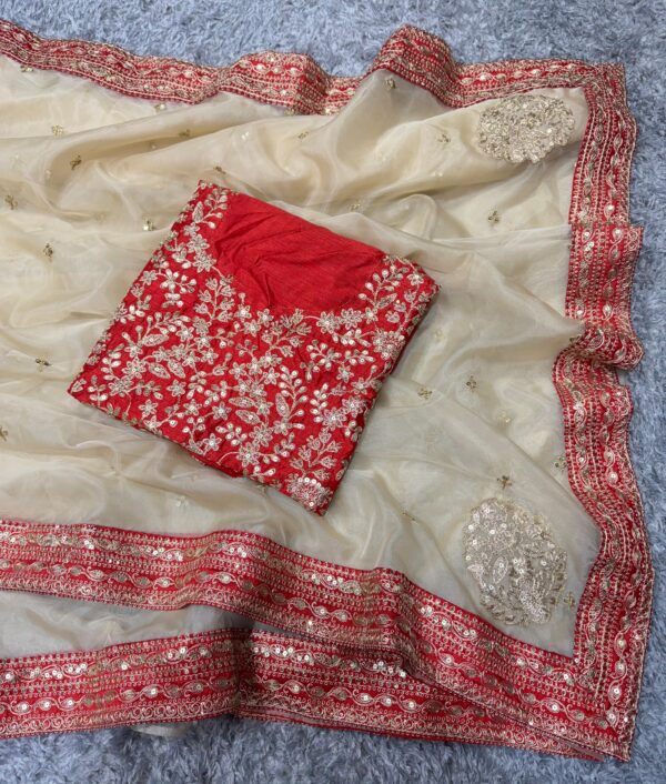 Beautiful Embroidery Work Cream Color designer Saree - Image 5