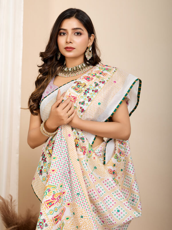 Digital Print Work Cotton Contemporary Saree In Off White - Image 4