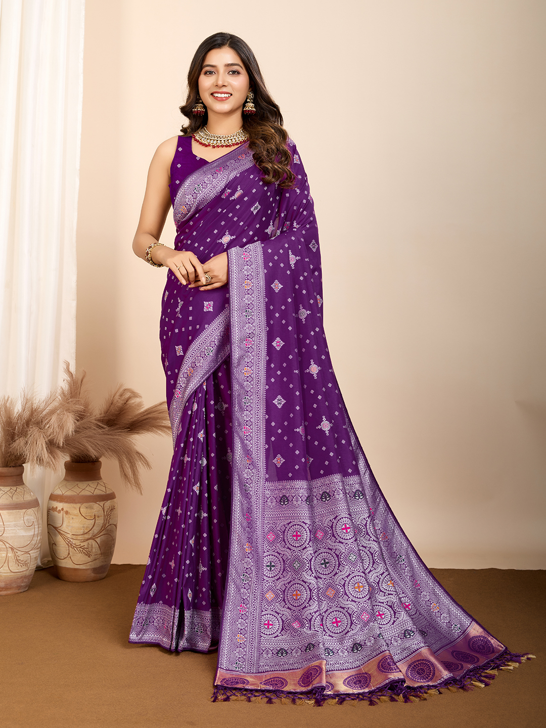 Soothing Woven Meenakari Art Silk Saree In Purple Color