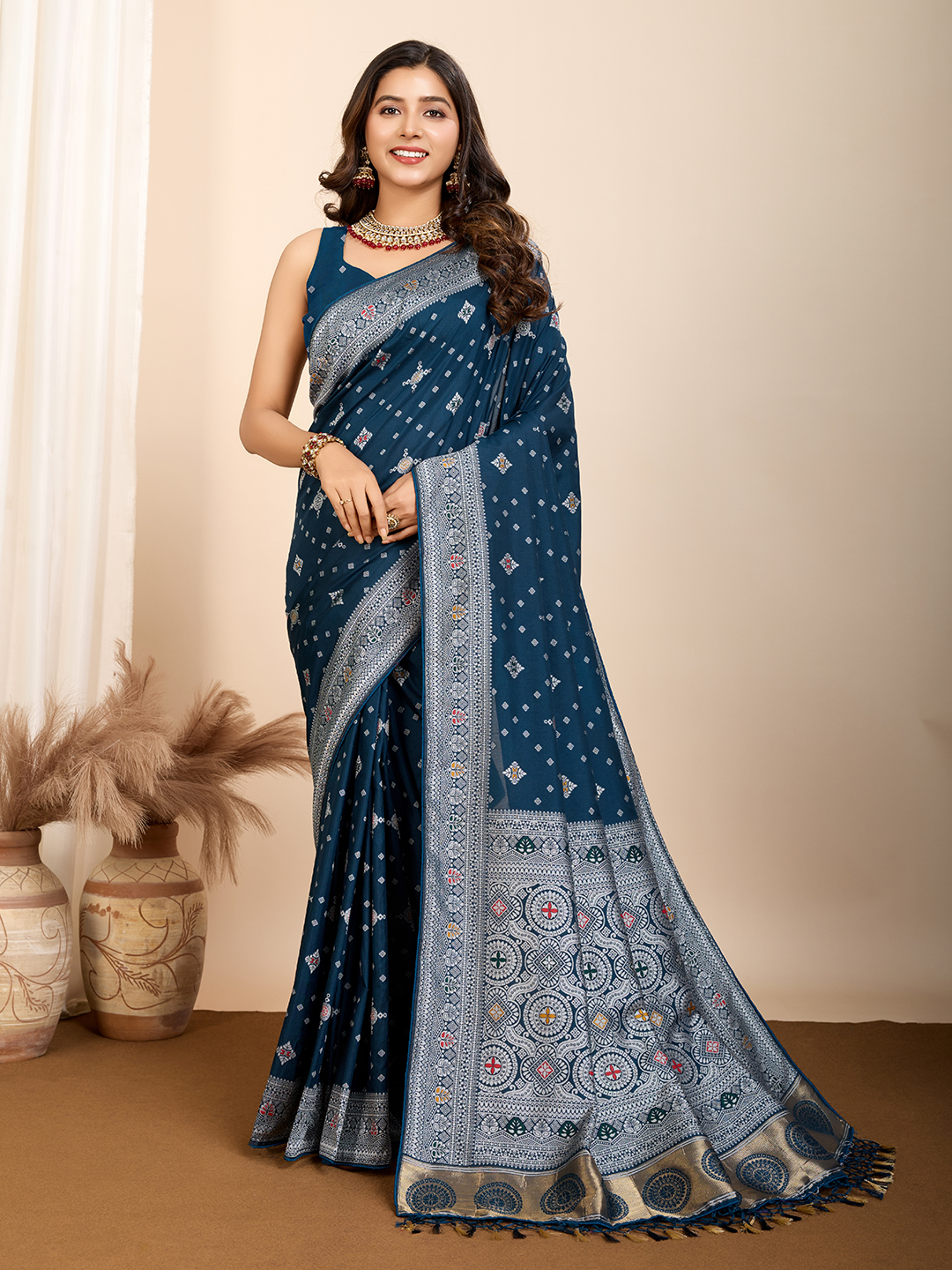 Teal Color Glorious Woven Meenakari Art Silk Saree 