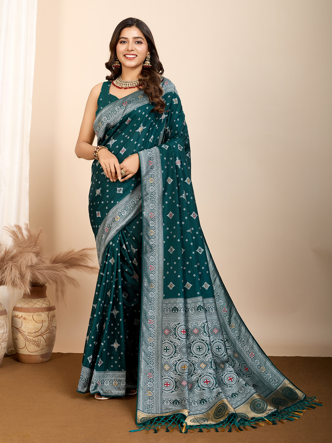 Delicate Dark Teal Color Woven Meenakari Art Silk Saree