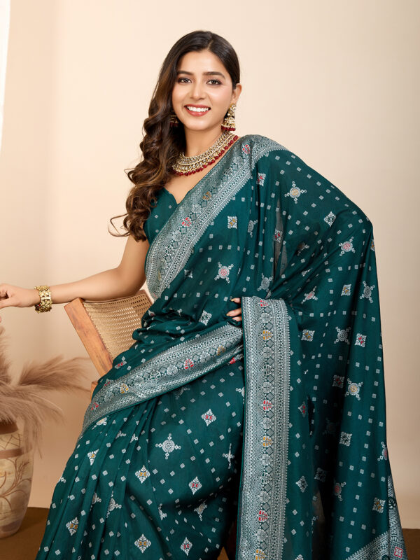 Delicate Dark Teal Color Woven Meenakari Art Silk Saree - Image 3