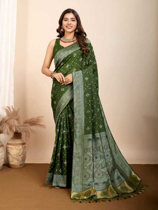 Blazing Olive Color Woven Meenakari Art Silk Saree