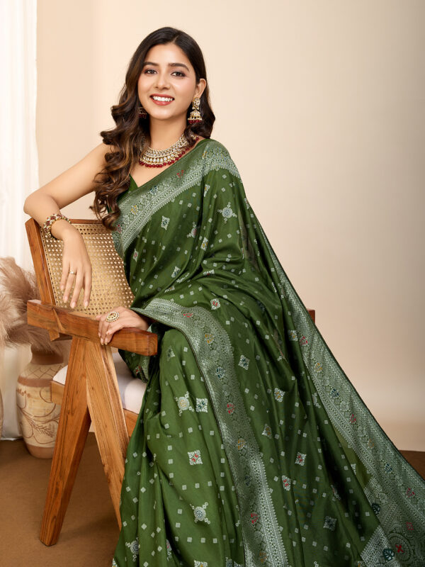 Blazing Olive Color Woven Meenakari Art Silk Saree - Image 3