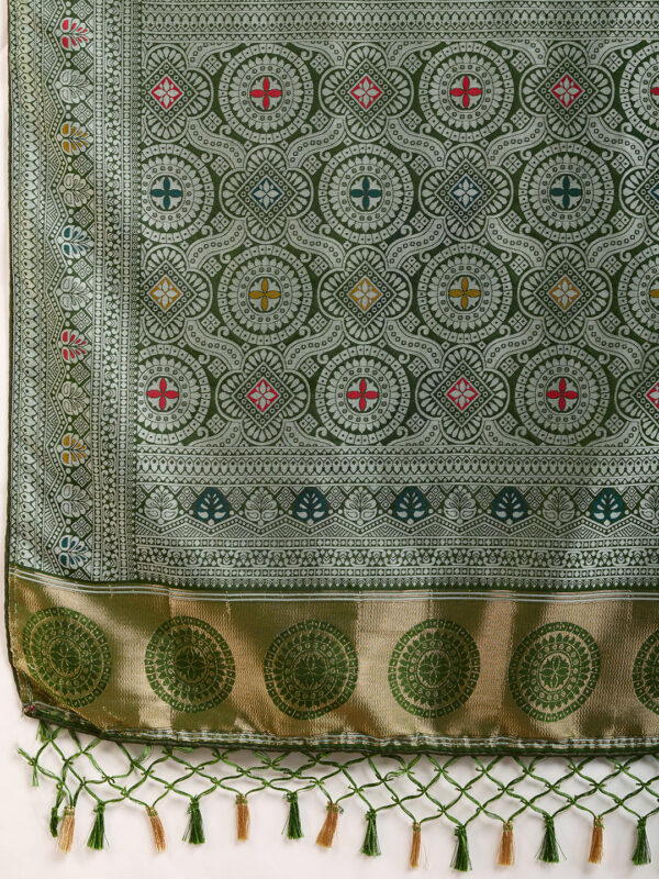 Blazing Olive Color Woven Meenakari Art Silk Saree - Image 4