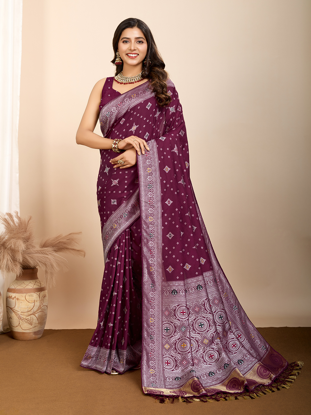 Wine Color Glamorous Woven Meenakari Art Silk Saree